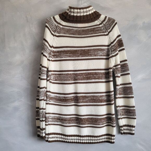 Vtg Hand Loomed Cream & Brown High Turtleneck Sweater Jumper No Size Flaw - Picture 6 of 7